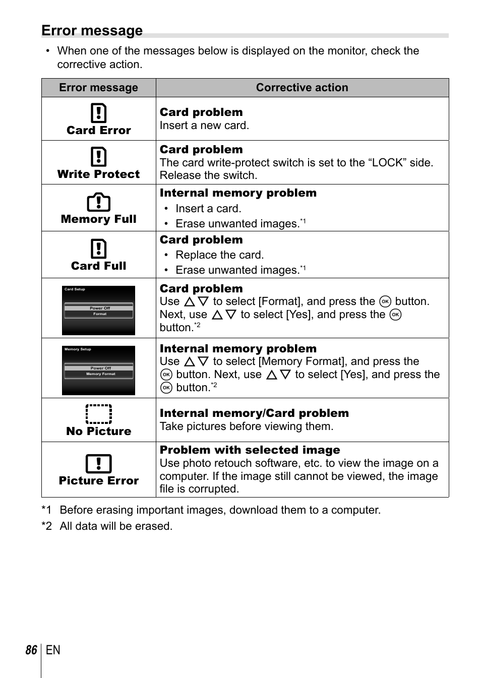 Error message, 86 en | Olympus TG-3 User Manual | Page 86 / 118