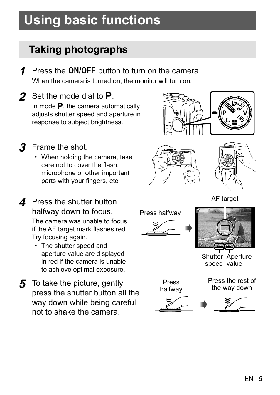 Using basic functions, Taking photographs | Olympus TG-3 User Manual | Page 9 / 118