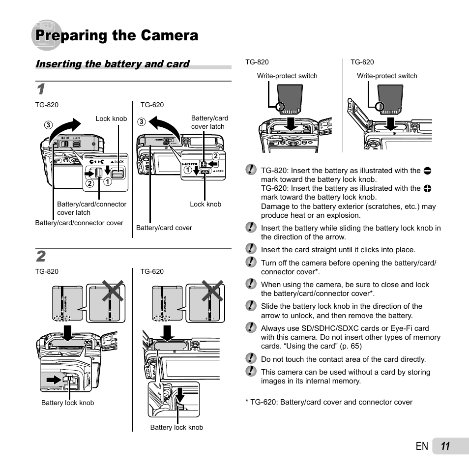 Preparing the camera, 11 en, Inserting the battery and card | Olympus Tough TG-820 iHS User Manual | Page 11 / 83