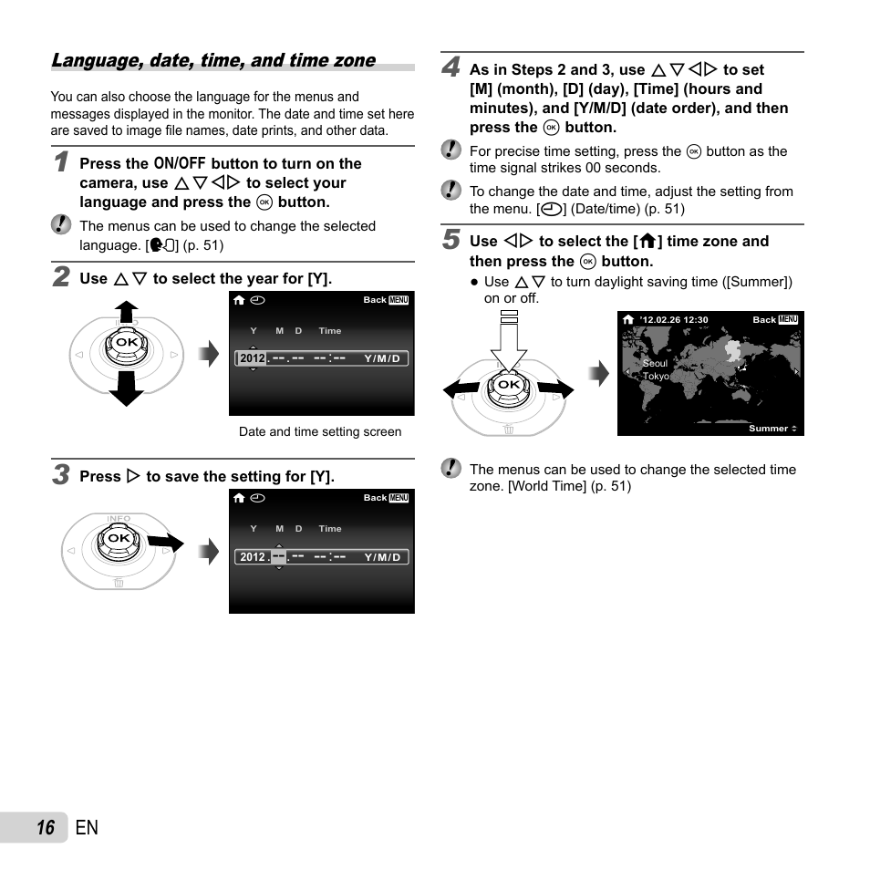 16 en, Language, date, time, and time zone | Olympus Tough TG-820 iHS User Manual | Page 16 / 83