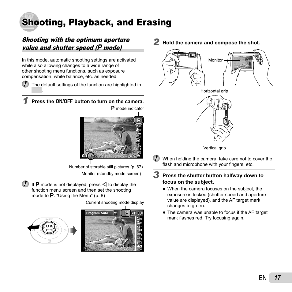 Shooting, playback, and erasing, 17 en | Olympus Tough TG-820 iHS User Manual | Page 17 / 83