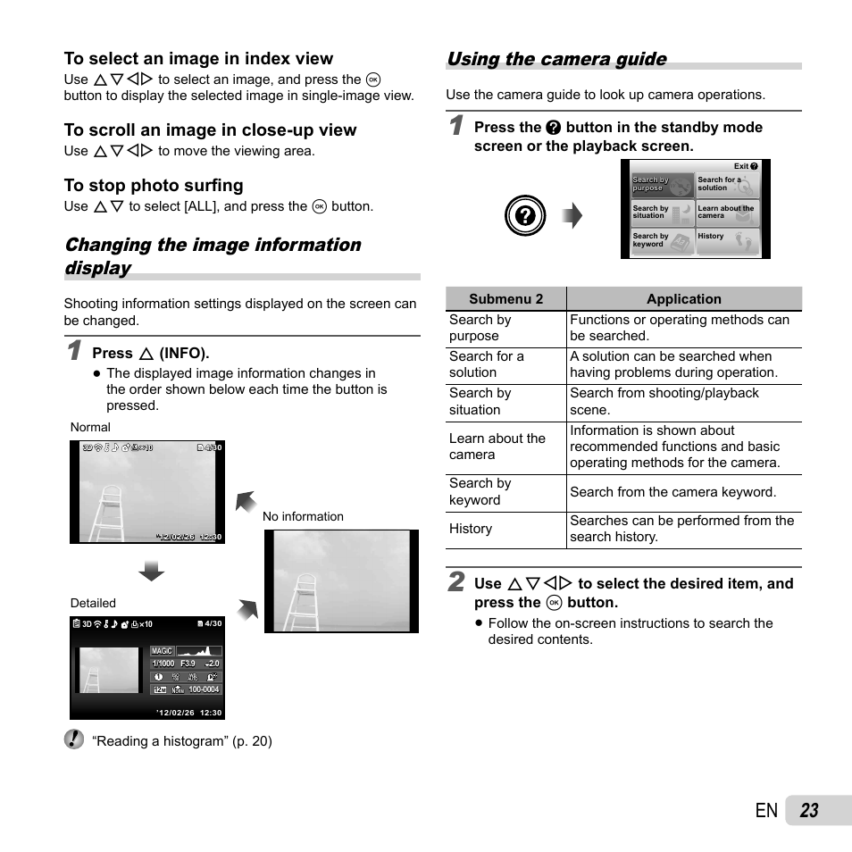 23 en, Using the camera guide, Changing the image information display | Press f (info) | Olympus Tough TG-820 iHS User Manual | Page 23 / 83