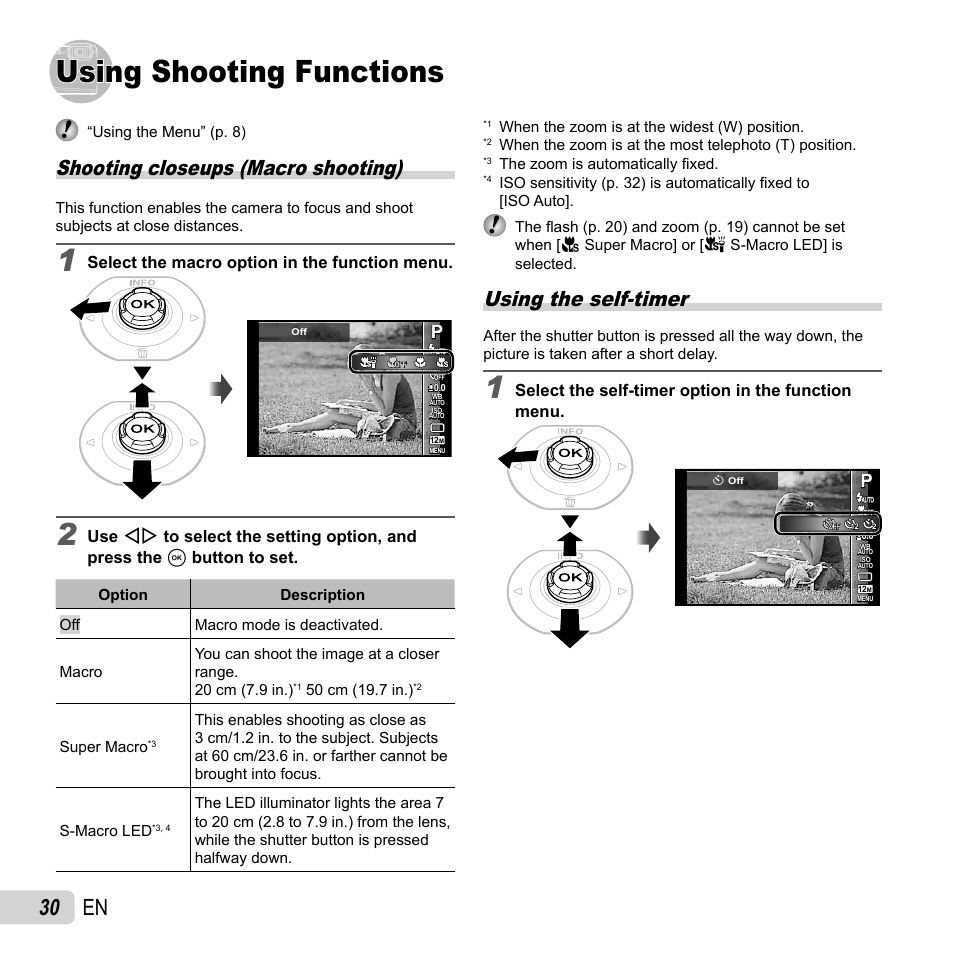 Using shooting functions, 30 en, Shooting closeups (macro shooting) | Using the self-timer, Select the macro option in the function menu, Select the self-timer option in the function menu | Olympus Tough TG-820 iHS User Manual | Page 30 / 83