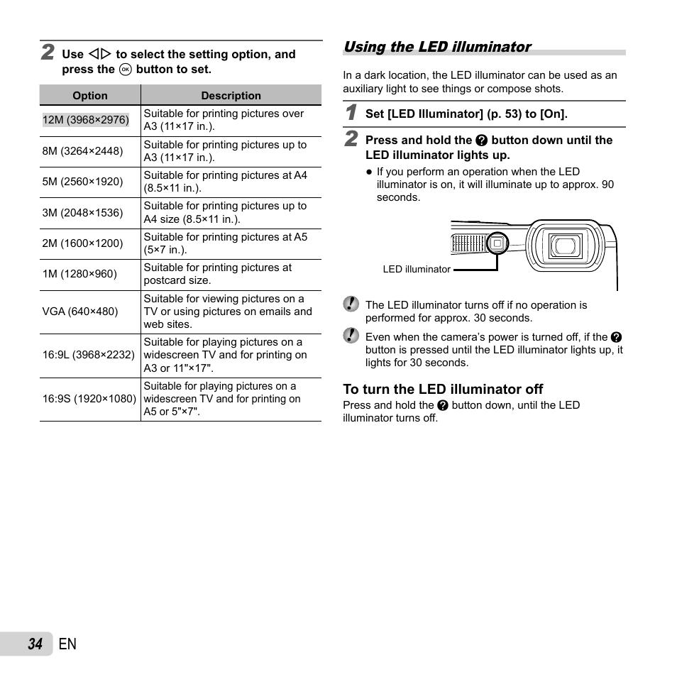34 en, Using the led illuminator | Olympus Tough TG-820 iHS User Manual | Page 34 / 83
