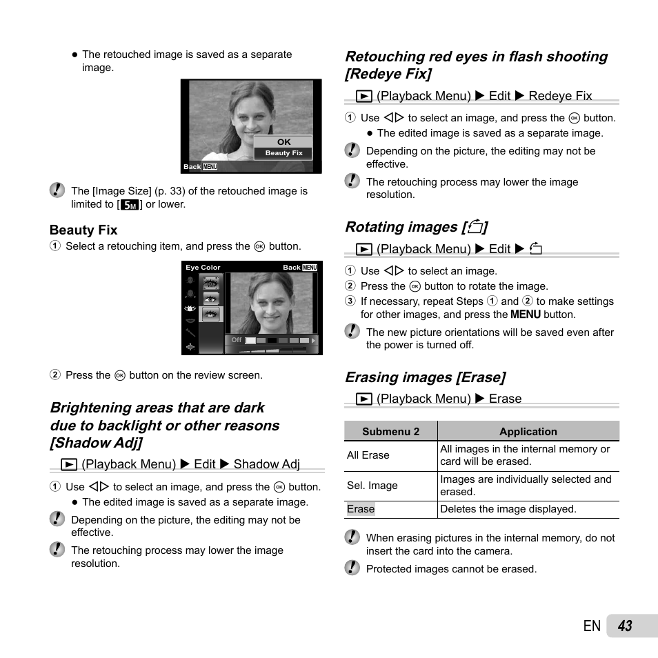 43 en, Rotating images [ rotating images [ y y, Erasing images [erase | Olympus Tough TG-820 iHS User Manual | Page 43 / 83