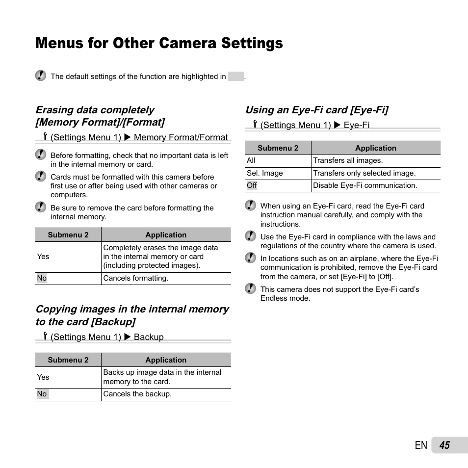 Menus for other camera settings, 45 en, Using an eye-fi card [eye-fi | Olympus Tough TG-820 iHS User Manual | Page 45 / 83