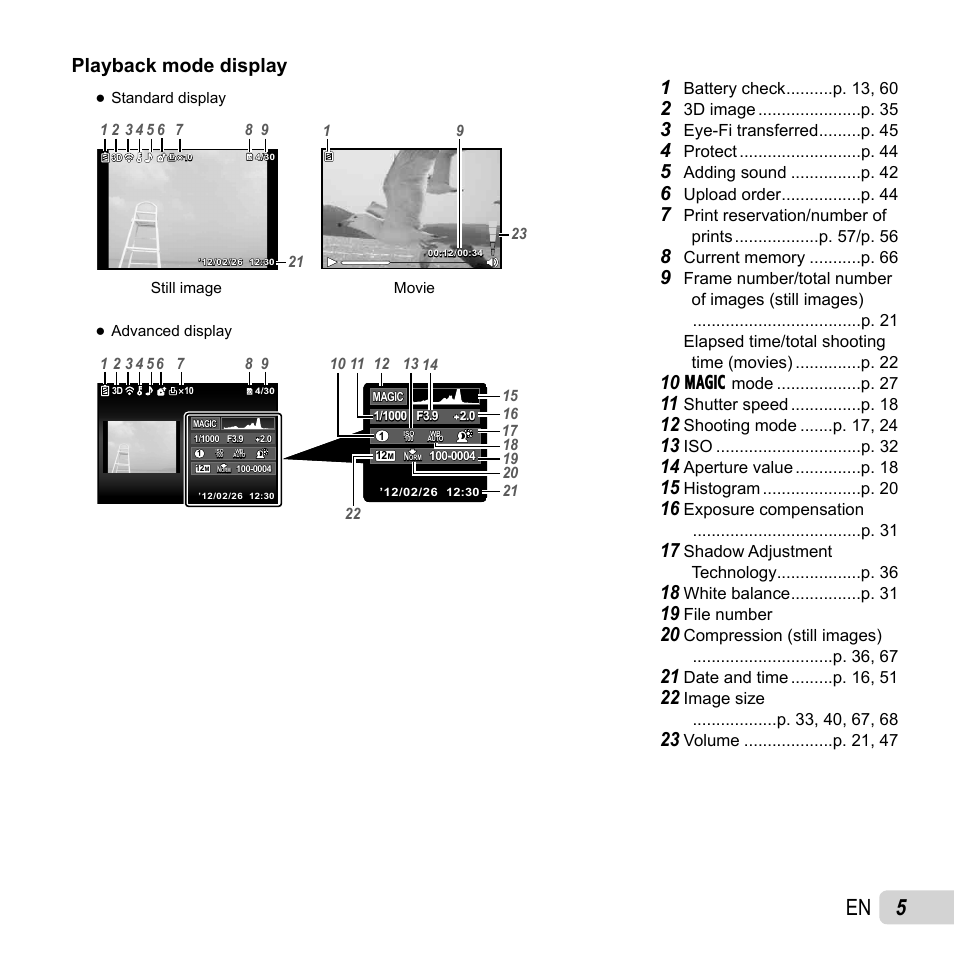 Playback mode display | Olympus Tough TG-820 iHS User Manual | Page 5 / 83