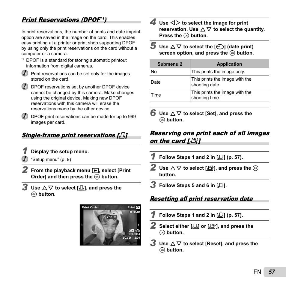 57 en, Print reservations (dpof, Single-frame print reservations | Resetting all print reservation data | Olympus Tough TG-820 iHS User Manual | Page 57 / 83