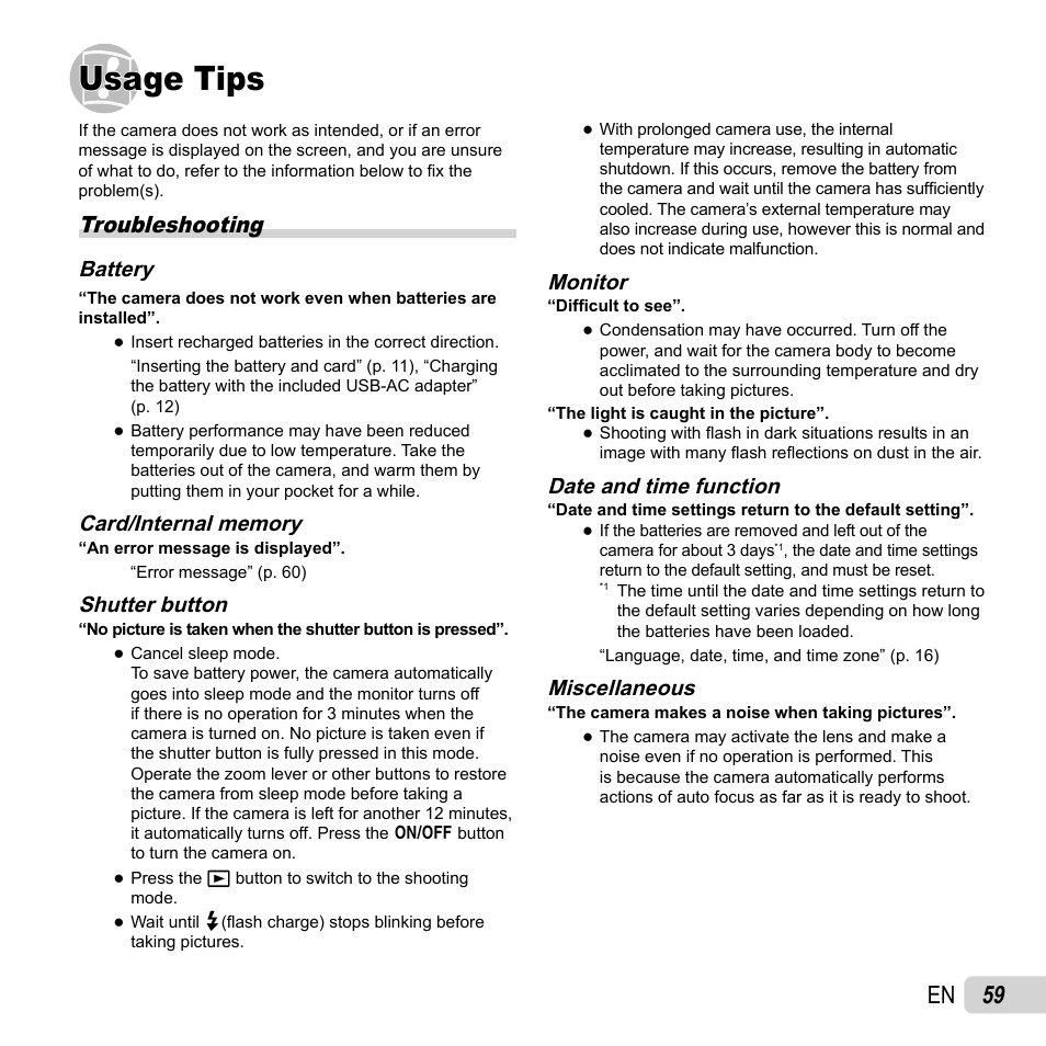 Usage tips, 59 en, Troubleshooting | Olympus Tough TG-820 iHS User Manual | Page 59 / 83