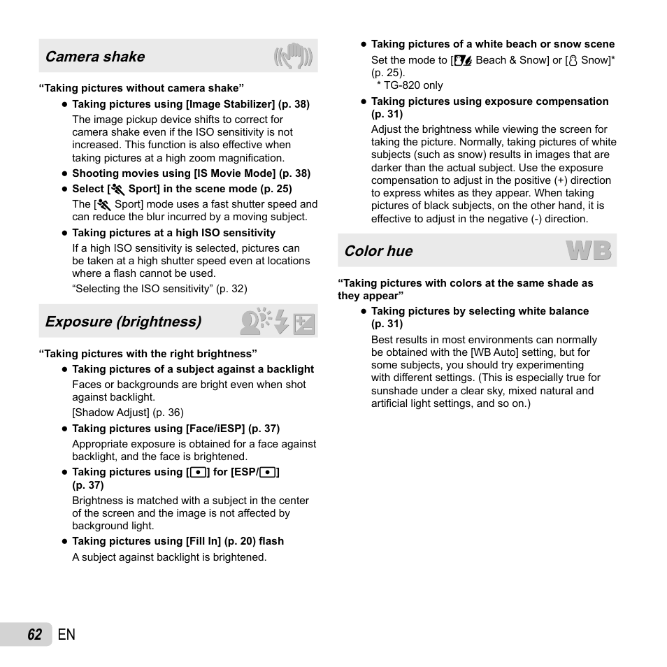 62 en, Camera shake, Exposure (brightness) | Color hue | Olympus Tough TG-820 iHS User Manual | Page 62 / 83