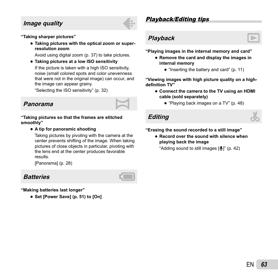 63 en, Image quality, Panorama | Batteries, Playback/editing tips playback, Editing | Olympus Tough TG-820 iHS User Manual | Page 63 / 83