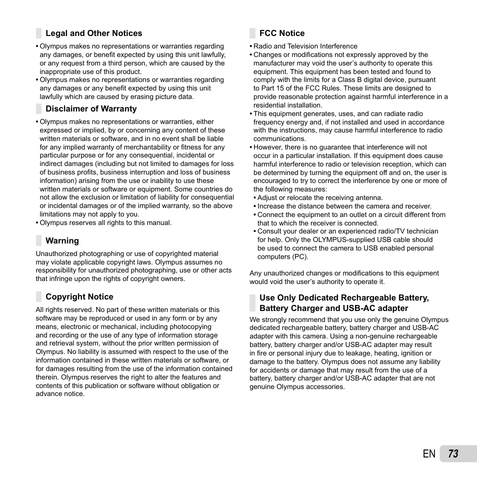 73 en | Olympus Tough TG-820 iHS User Manual | Page 73 / 83