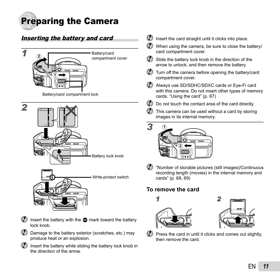 Preparing the camera, 11 en, Inserting the battery and card | Olympus SZ-31MR iHS User Manual | Page 11 / 82