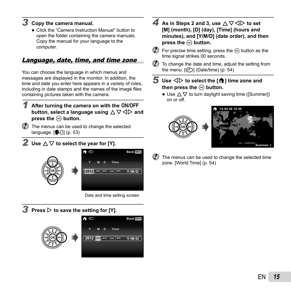 15 en, Language, date, time, and time zone | Olympus SZ-31MR iHS User Manual | Page 15 / 82