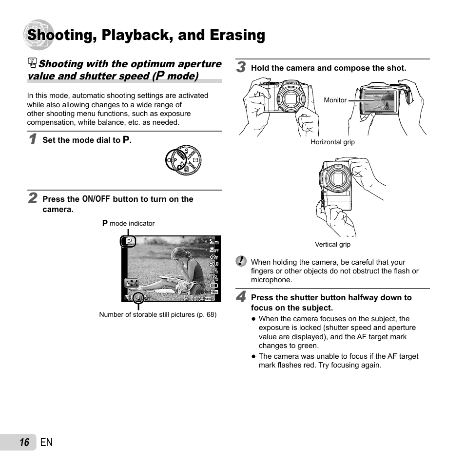 Shooting, playback, and erasing, 16 en | Olympus SZ-31MR iHS User Manual | Page 16 / 82