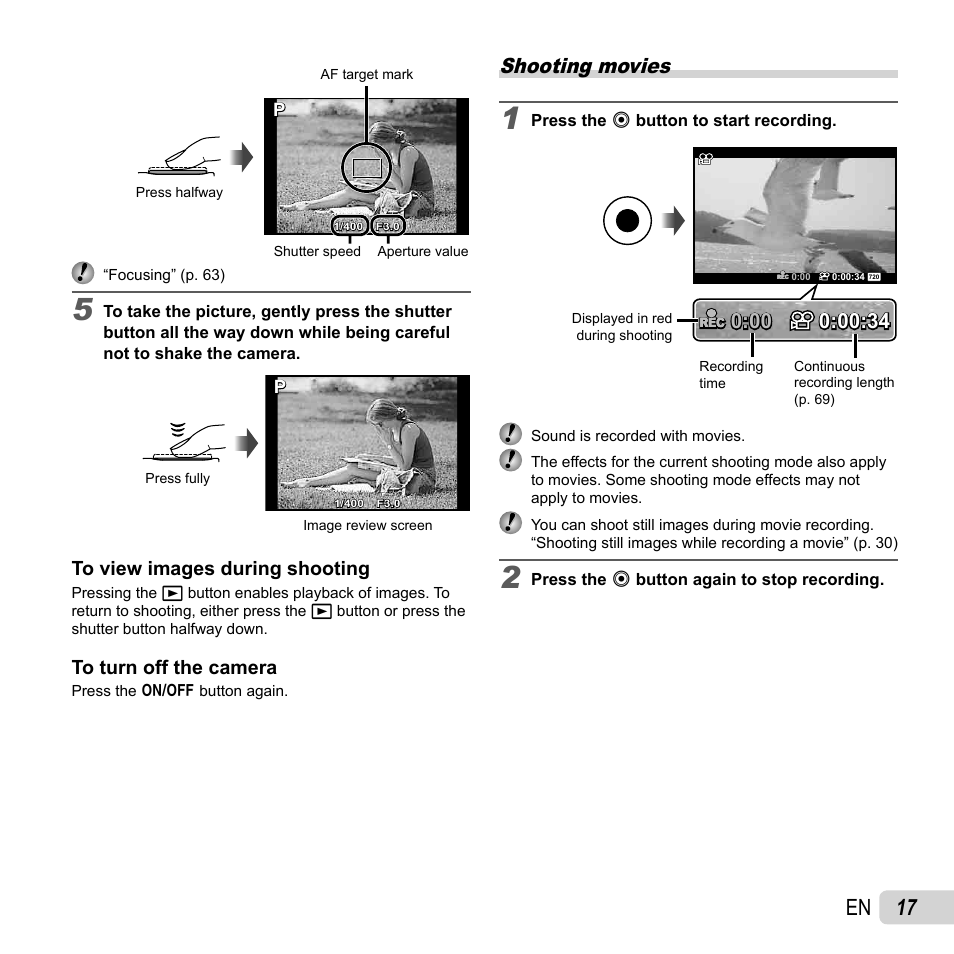 17 en, Shooting movies | Olympus SZ-31MR iHS User Manual | Page 17 / 82