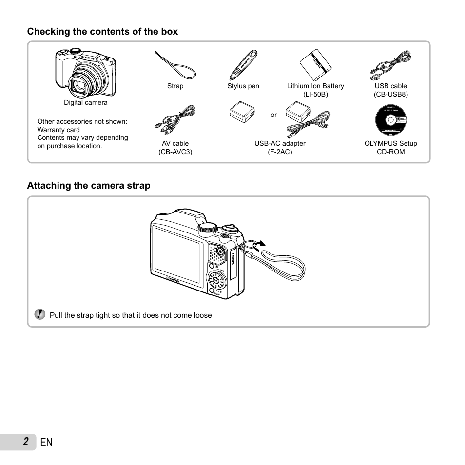 2 en, Checking the contents of the box, Attaching the camera strap | Olympus SZ-31MR iHS User Manual | Page 2 / 82