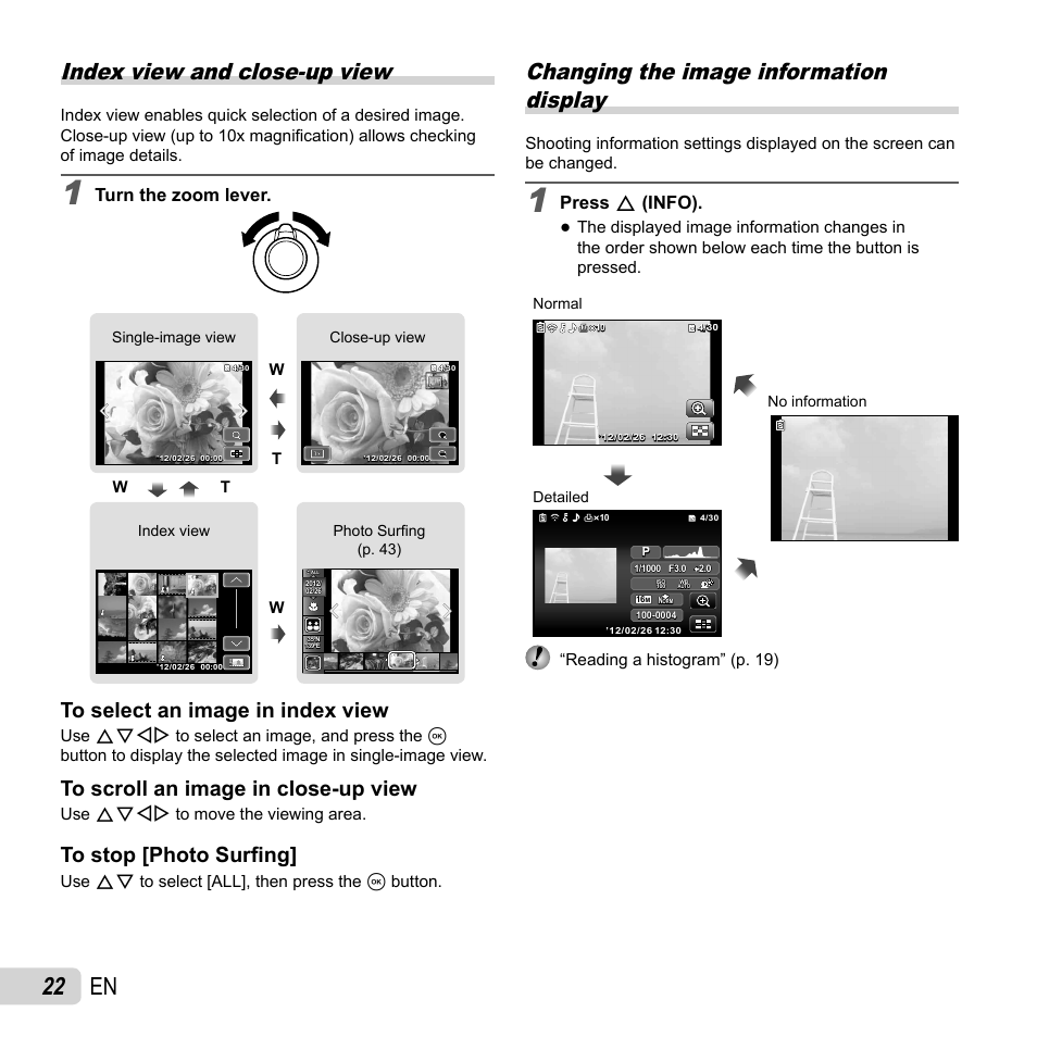 22 en, Index view and close-up view, Changing the image information display | Turn the zoom lever, Press f (info), Use fghi to move the viewing area, Use fg to select [all], then press the a button, Reading a histogram” (p. 19) | Olympus SZ-31MR iHS User Manual | Page 22 / 82