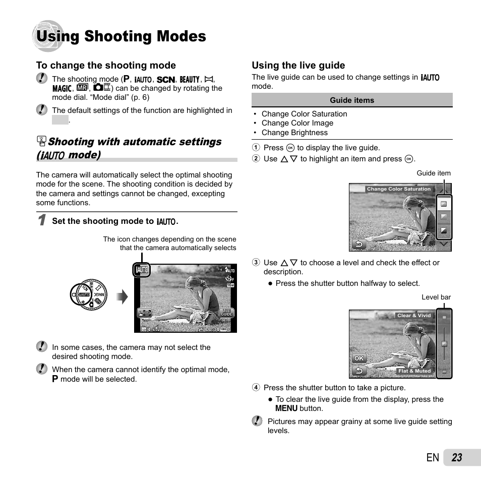 Using shooting modes, 23 en, Shooting with automatic settings ( m mode) | Using the live guide | Olympus SZ-31MR iHS User Manual | Page 23 / 82