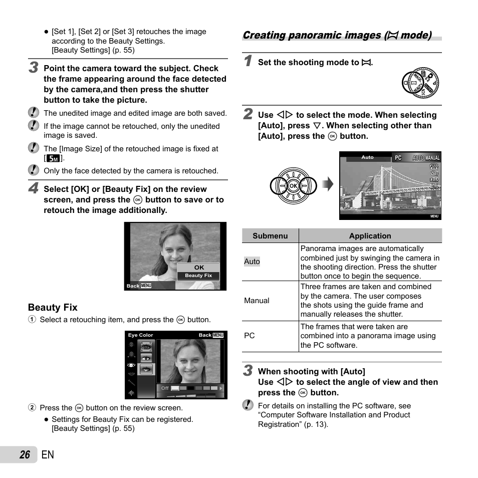 26 en, Creating panoramic images ( p mode), Beauty fix | Olympus SZ-31MR iHS User Manual | Page 26 / 82