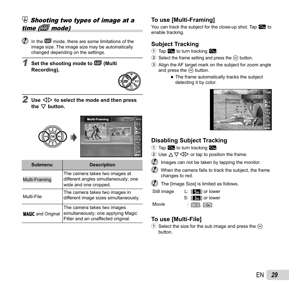 29 en, Shooting two types of image at a time ( - mode), Subject tracking | Disabling subject tracking | Olympus SZ-31MR iHS User Manual | Page 29 / 82