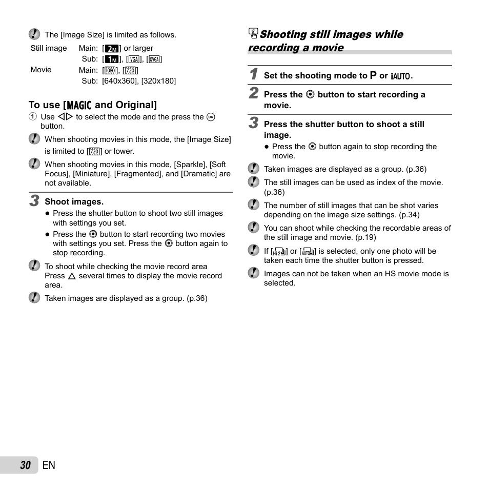 30 en, Shooting still images while recording a movie | Olympus SZ-31MR iHS User Manual | Page 30 / 82