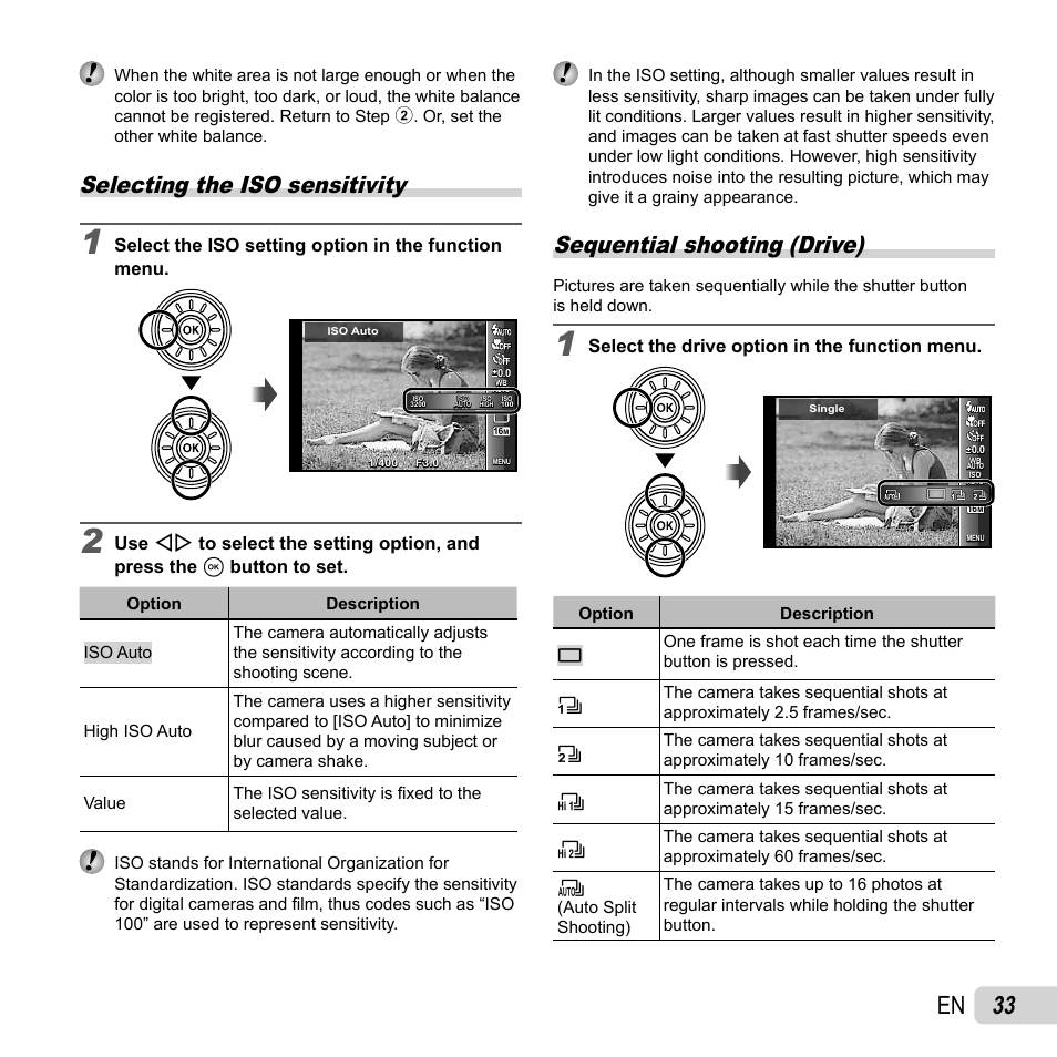 33 en, Selecting the iso sensitivity, Sequential shooting (drive) | Select the iso setting option in the function menu, Select the drive option in the function menu | Olympus SZ-31MR iHS User Manual | Page 33 / 82