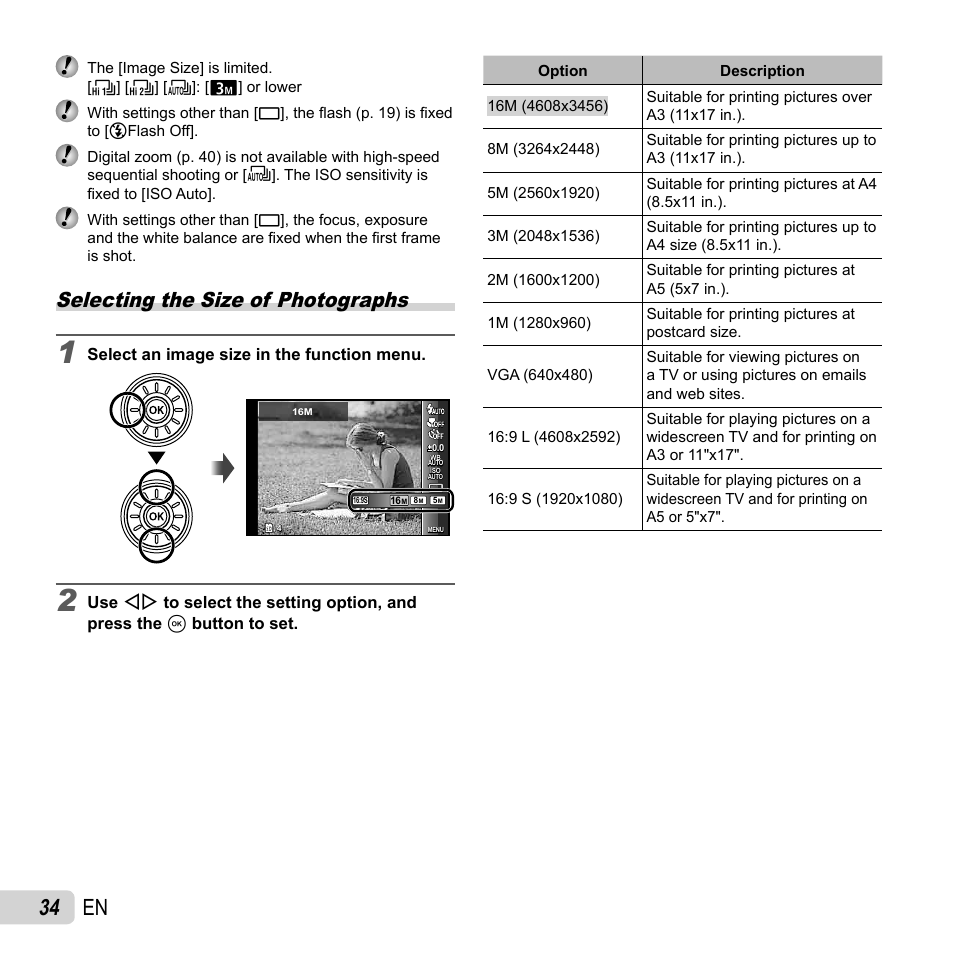 34 en, Selecting the size of photographs | Olympus SZ-31MR iHS User Manual | Page 34 / 82