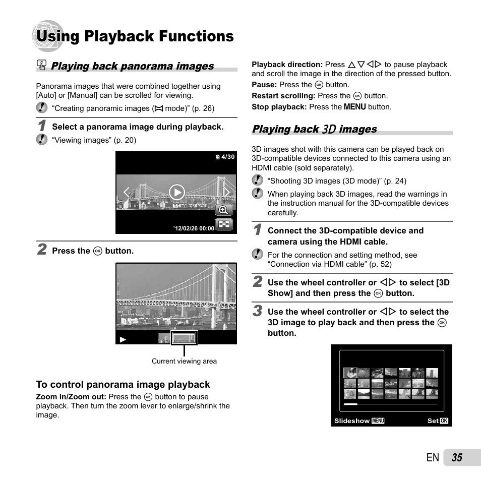 Using playback functions, 35 en, Playing back panorama images | Playing back w images | Olympus SZ-31MR iHS User Manual | Page 35 / 82