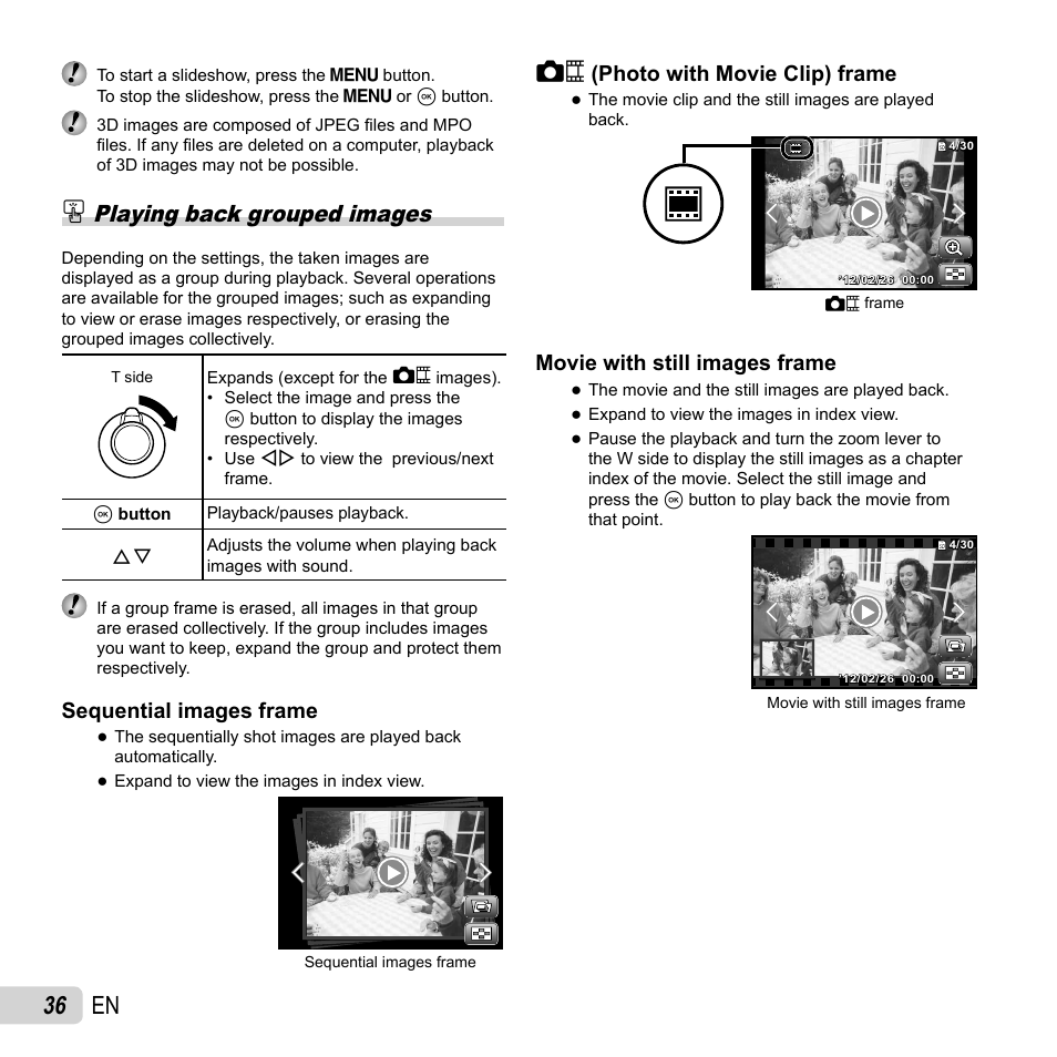 36 en, Playing back grouped images, Sequential images frame | Movie with still images frame | Olympus SZ-31MR iHS User Manual | Page 36 / 82