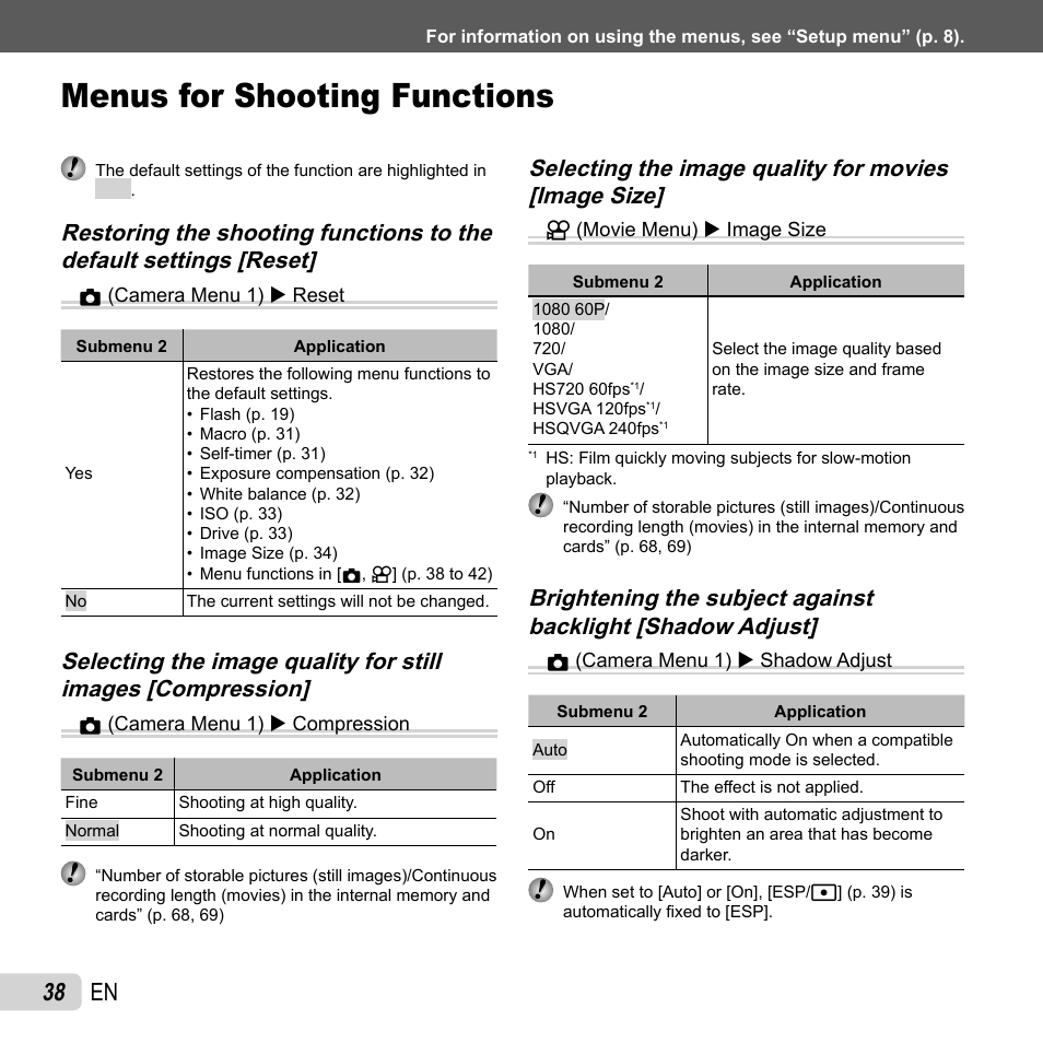Menus for shooting functions, 38 en | Olympus SZ-31MR iHS User Manual | Page 38 / 82