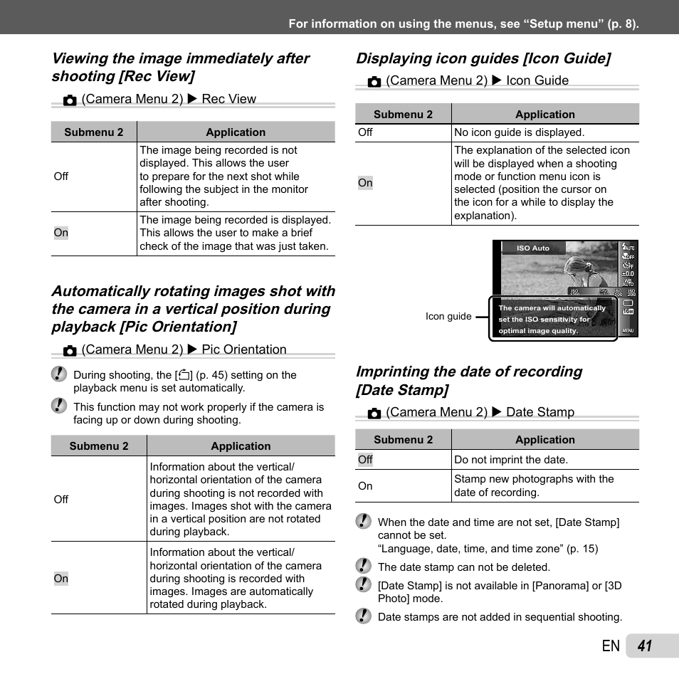 41 en, Displaying icon guides [icon guide, Z (camera menu 2) x rec view | Z (camera menu 2) x pic orientation, Z (camera menu 2) x icon guide, Z (camera menu 2) x date stamp | Olympus SZ-31MR iHS User Manual | Page 41 / 82