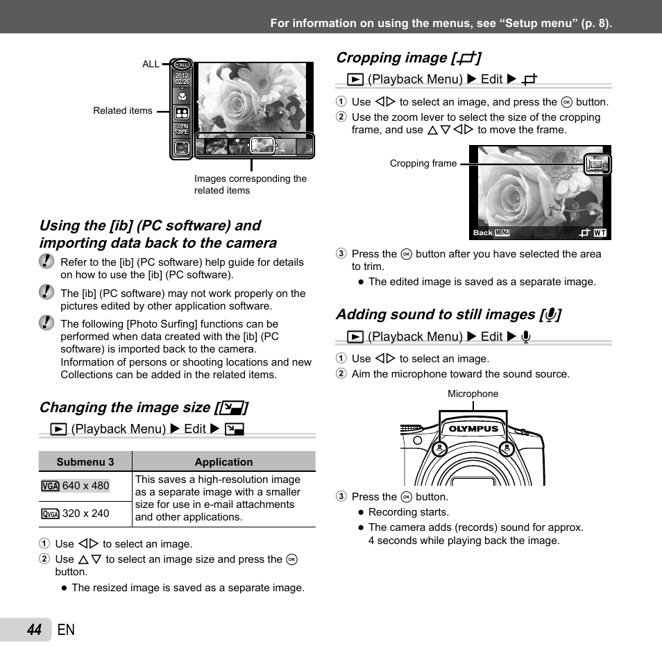 44 en, Changing the image size, Changing the image size [ q q | Cropping image, Cropping image [ p p | Olympus SZ-31MR iHS User Manual | Page 44 / 82