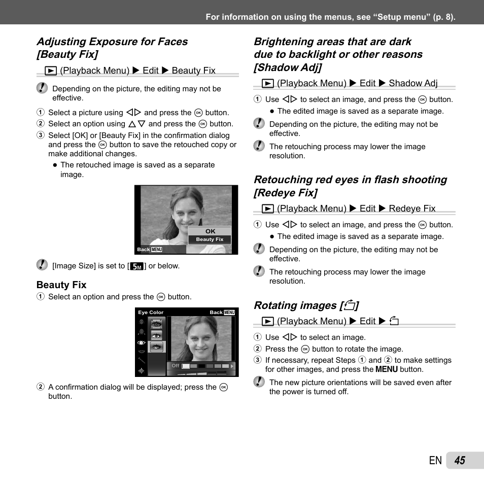 45 en, Rotating images [ rotating images [ y y | Olympus SZ-31MR iHS User Manual | Page 45 / 82