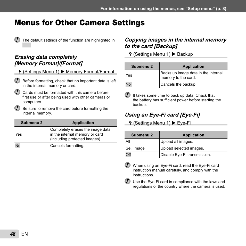 Menus for other camera settings, 48 en, Using an eye-fi card [eye-fi | Olympus SZ-31MR iHS User Manual | Page 48 / 82