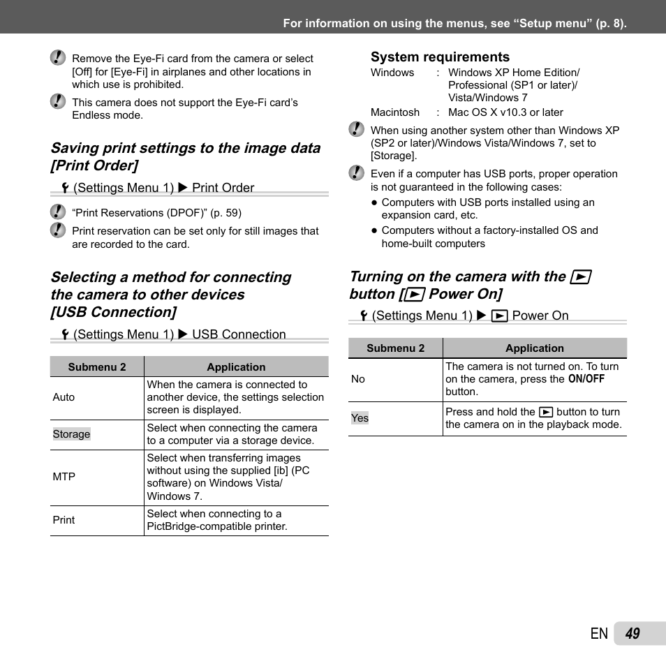 49 en, Turning on the camera with the | Olympus SZ-31MR iHS User Manual | Page 49 / 82