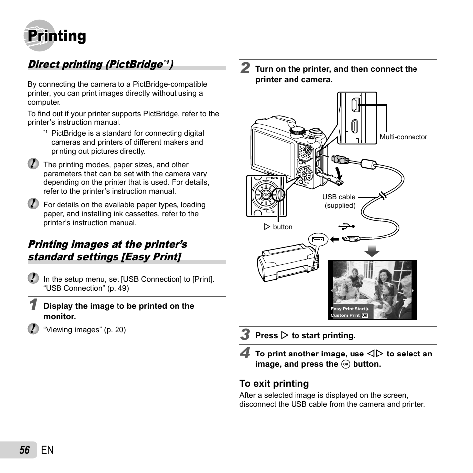 Printing, 56 en, Direct printing (pictbridge | Olympus SZ-31MR iHS User Manual | Page 56 / 82