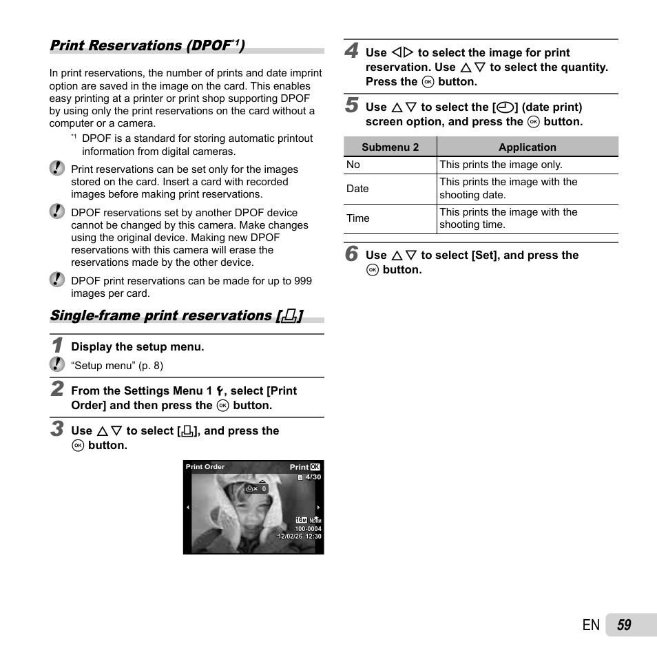 59 en, Print reservations (dpof, Single-frame print reservations | Olympus SZ-31MR iHS User Manual | Page 59 / 82