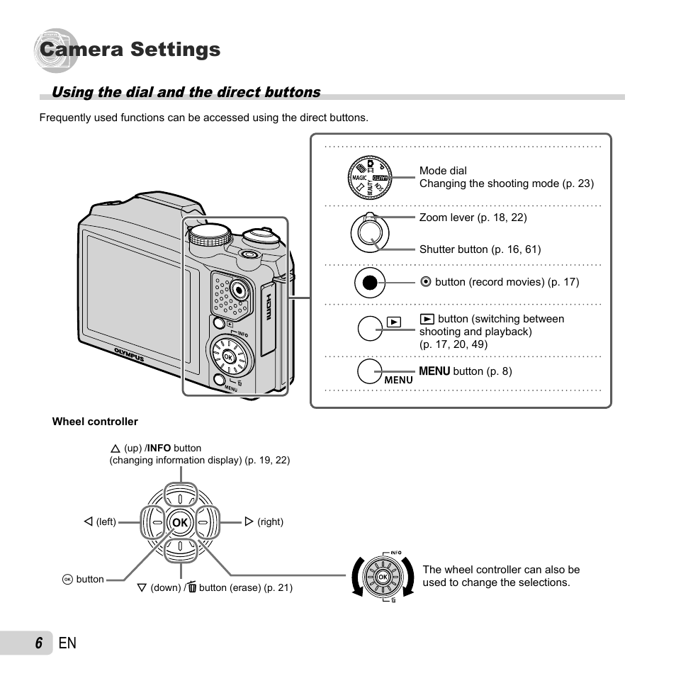 Camera settings, 6 en, Using the dial and the direct buttons | Olympus SZ-31MR iHS User Manual | Page 6 / 82