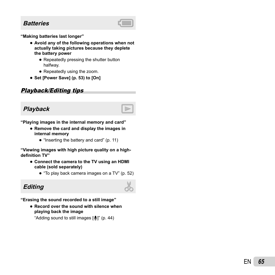 65 en, Batteries, Playback/editing tips playback | Editing | Olympus SZ-31MR iHS User Manual | Page 65 / 82