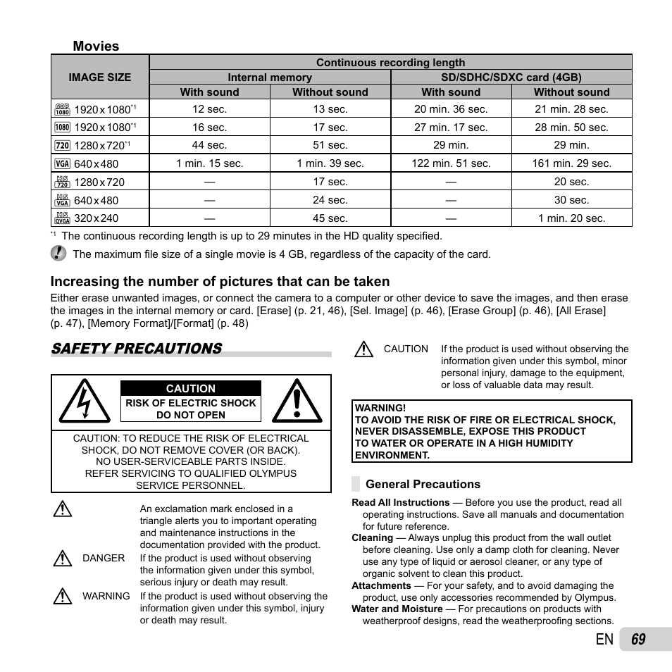 69 en, Safety precautions, Movies | Olympus SZ-31MR iHS User Manual | Page 69 / 82