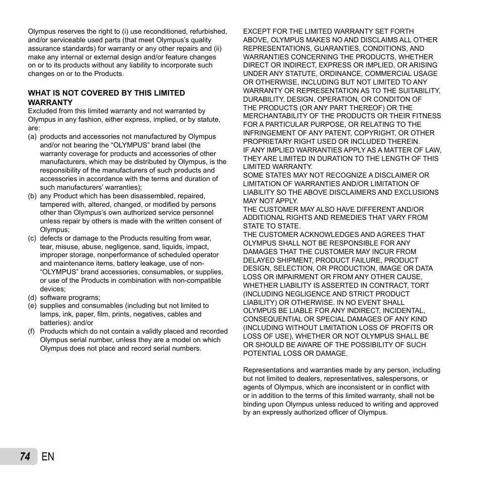 74 en | Olympus SZ-31MR iHS User Manual | Page 74 / 82