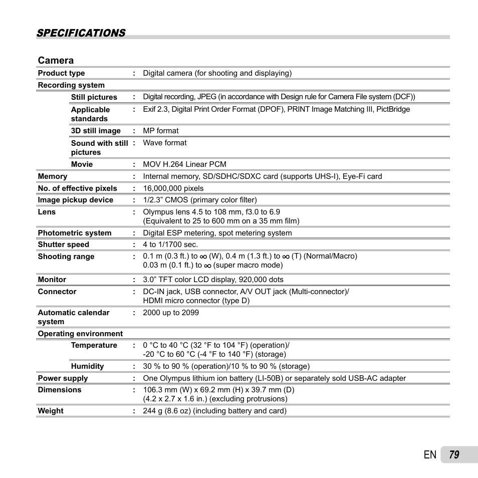 79 en, Specifications, Camera | Olympus SZ-31MR iHS User Manual | Page 79 / 82