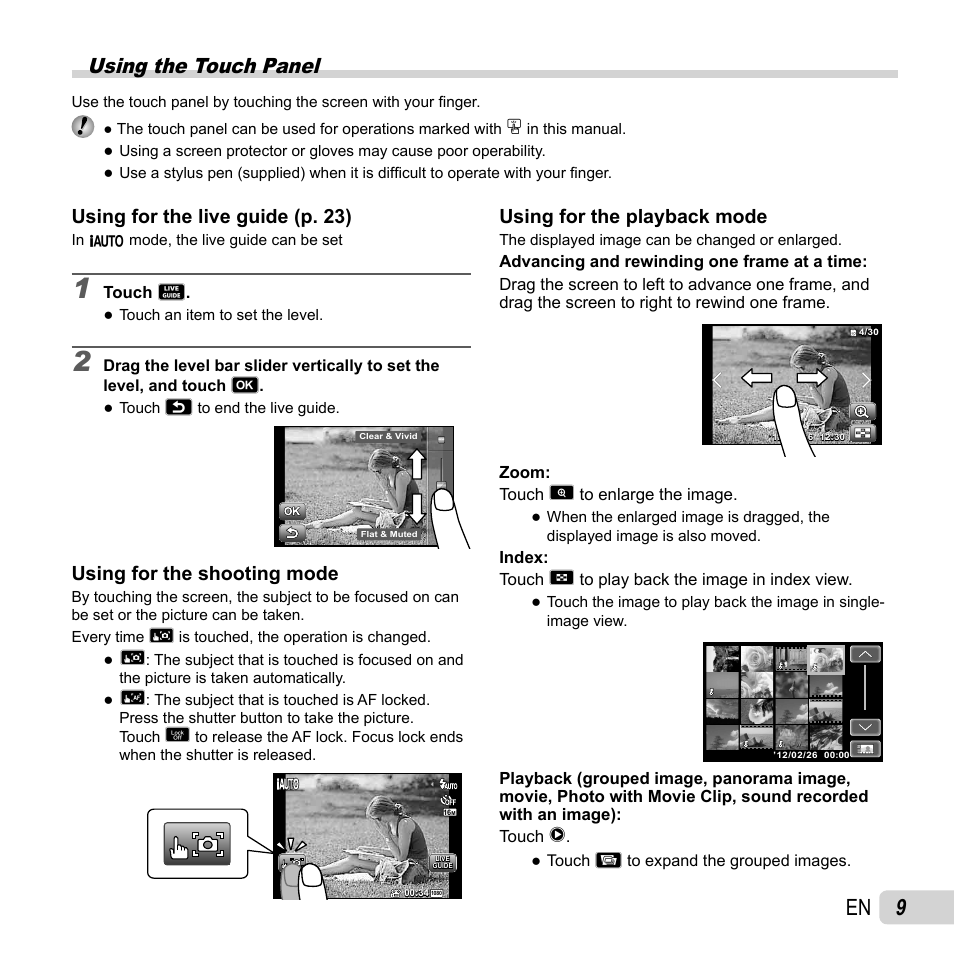 Using the touch panel, Using for the live guide (p. 23), Using for the shooting mode | Using for the playback mode | Olympus SZ-31MR iHS User Manual | Page 9 / 82