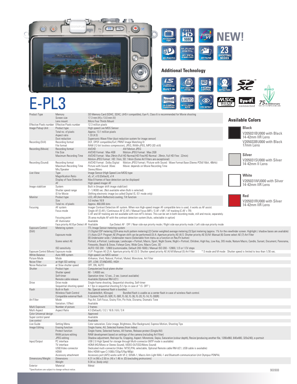 E-pl, Available colors, Additional technology | Olympus E-PL3 User Manual | Page 2 / 2