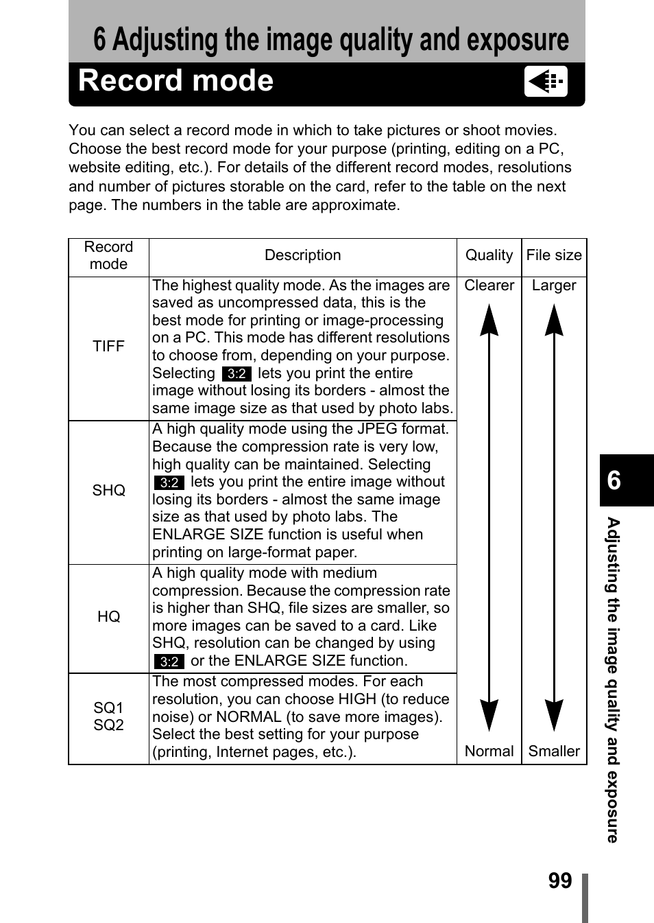6 adjusting the image quality and exposure, Record mode, Adjusting the image quality and exposure | P.99, 6 adjusting the image quality and exposure 99 | Olympus C-750 Ultra Zoom User Manual | Page 100 / 238