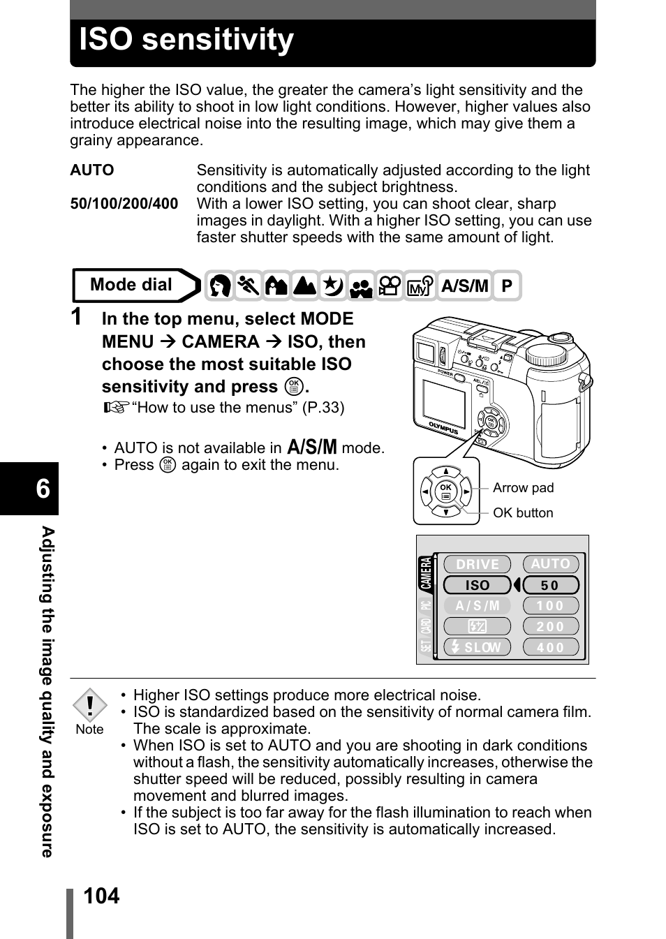 Iso sensitivity, P.104 | Olympus C-750 Ultra Zoom User Manual | Page 105 / 238