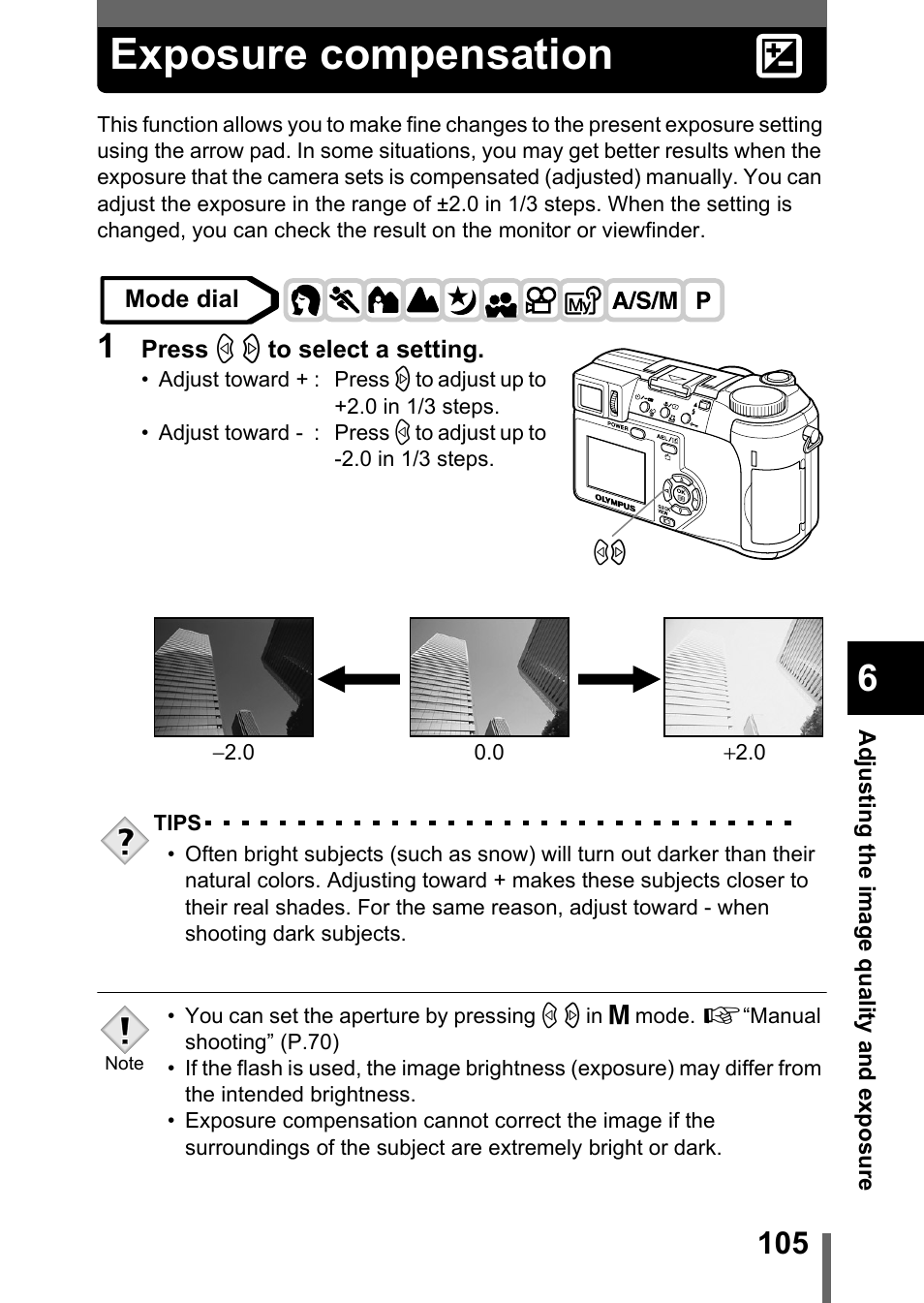 Exposure compensation, P.105 | Olympus C-750 Ultra Zoom User Manual | Page 106 / 238