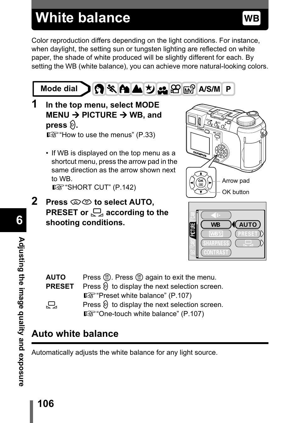 White balance, Auto white balance, P.106 | Olympus C-750 Ultra Zoom User Manual | Page 107 / 238