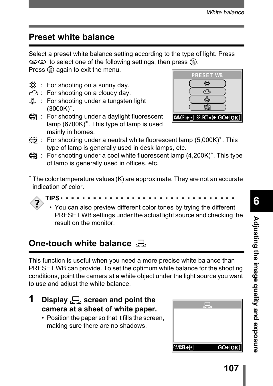 Preset white balance, One-touch white balance, Preset white balance one-touch white balance | Preset white balance” (p.107), One-touch white balance” (p.107) | Olympus C-750 Ultra Zoom User Manual | Page 108 / 238